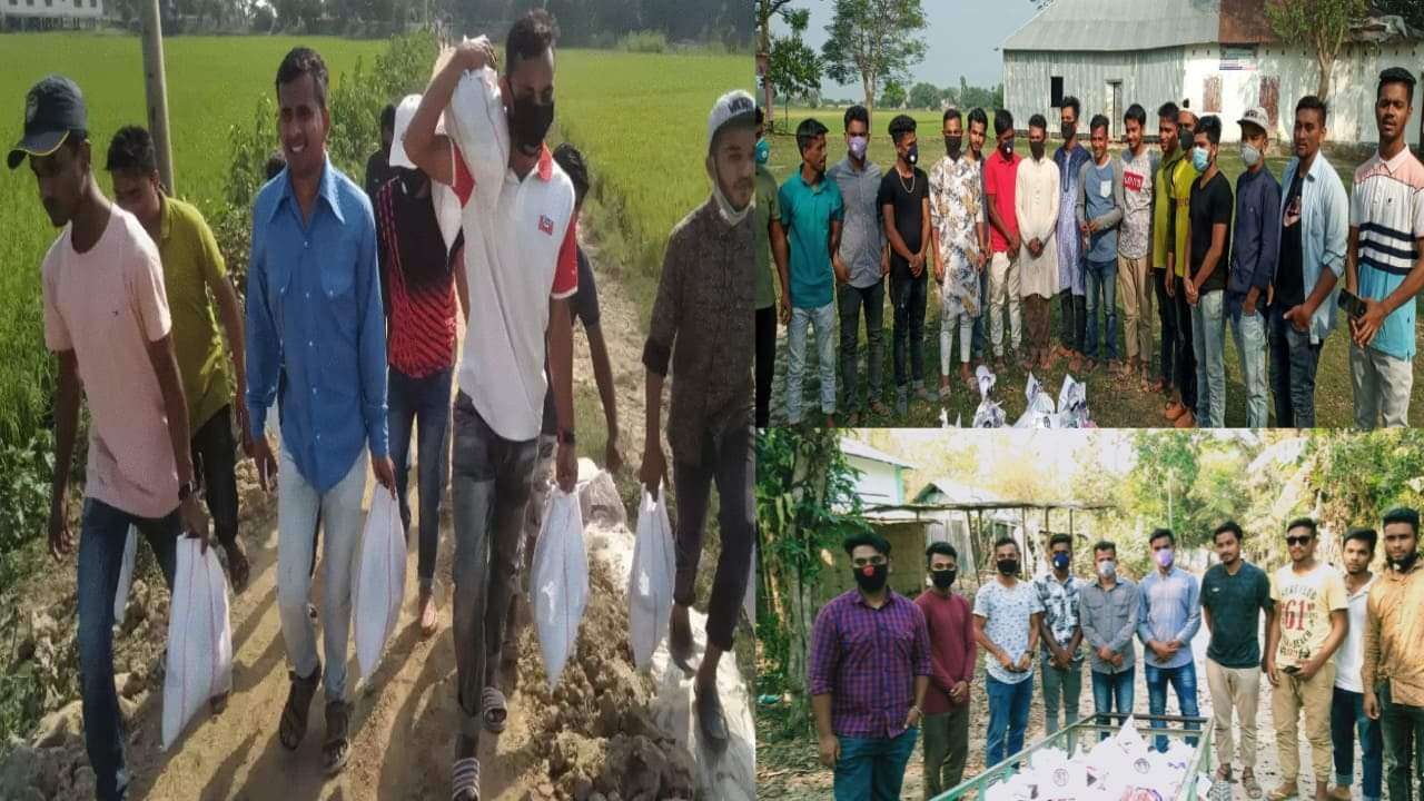 কাঁধে করে পায়ে হেঁটে খাদ্য পোঁছে দিচ্ছে জগদল ইউপি ছাত্রলীগ
