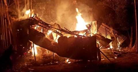দিরাইয়ে দুর্বৃত্তের দেয়া আগুনে কৃষকের ঘর পুড়ে ছাই।