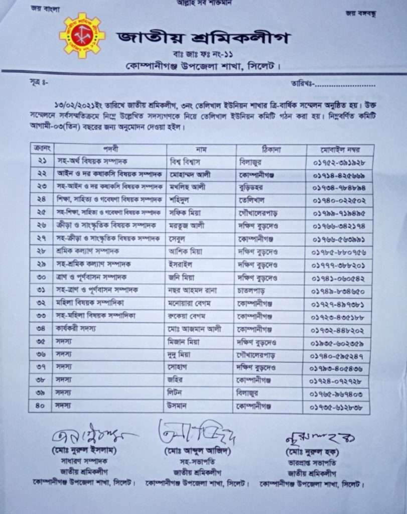 আলী হোসেনকে সভাপতি ও রহমত উল্লাহকে সম্পাদক করে তেলিখাল ইউ/পি শাখা শ্রমিক লীগের কমিটি ঘোষণা