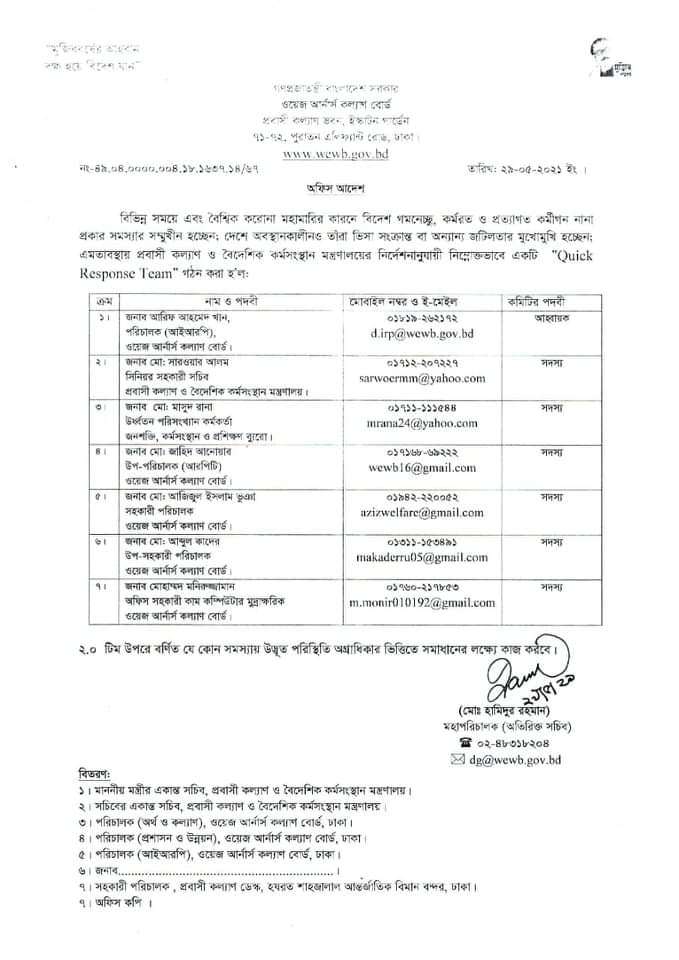 প্রবাসী কর্মীদের যেকোন সমস্যা দ্রুত সমাধানে কুইক রেসপন্স টিম গঠন