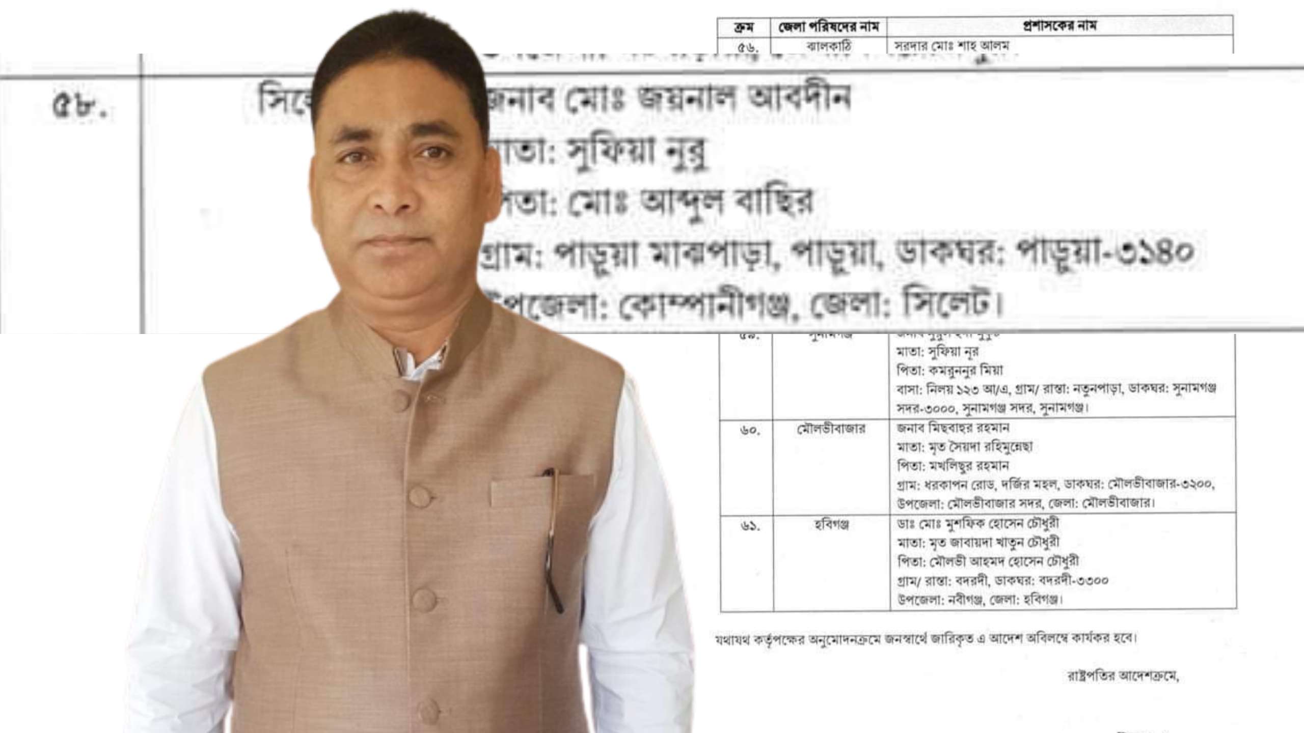 সিলেট জেলা পরিষদের নতুন প্রশাসক জয়নাল আবেদিন